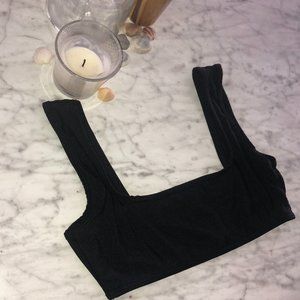 boohoo | Solid black light shine square neckline thick straps bikini top